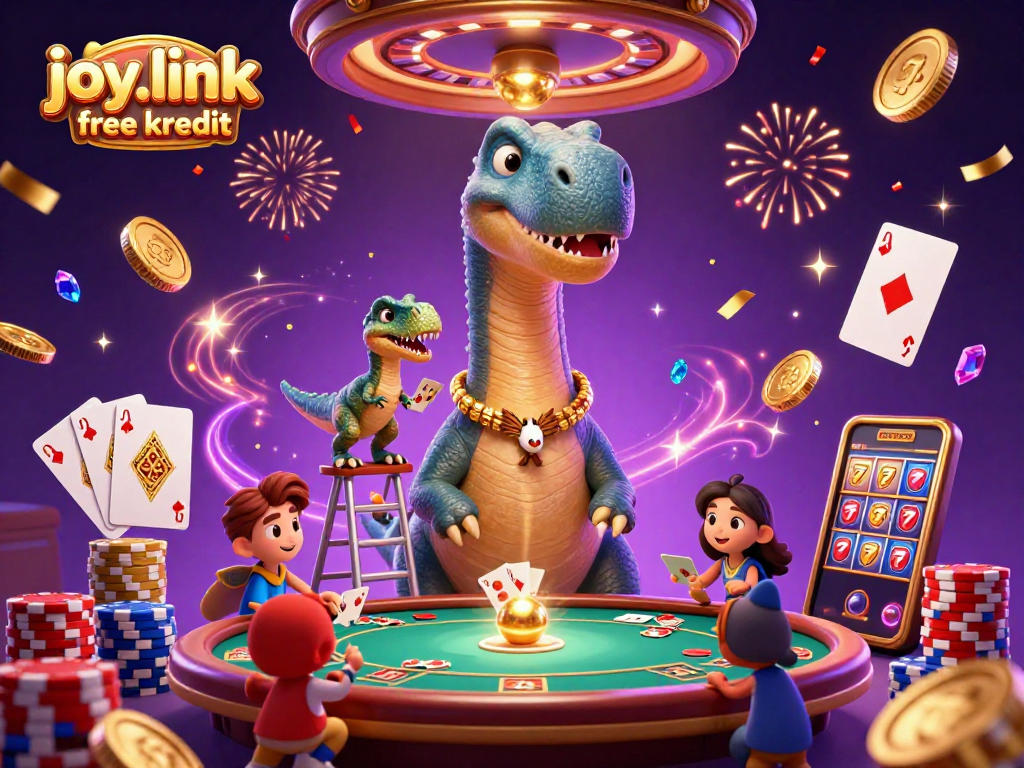Experience joy.link free kredit with a vibrant 3D casino scene of a giant brontosaurus and clever raptor dealer.