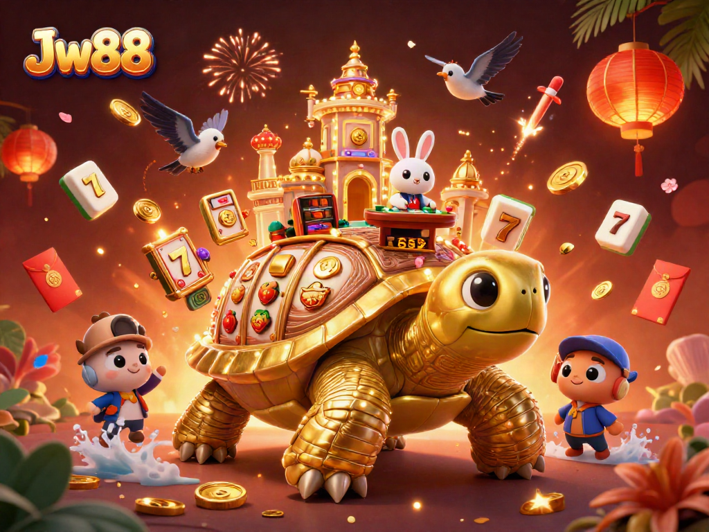 Experience Jw88 with a vibrant 3D casino illustration of a golden tortoise and rabbit dealer.