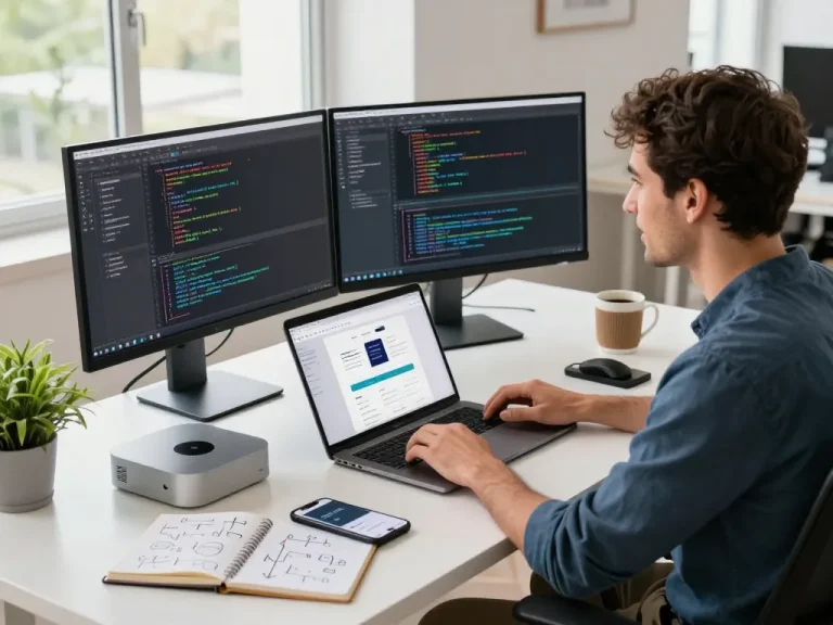 Developer coding with a Mac mini in a modern workspace filled with tech gear.