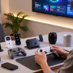 Showcasing the top 10 tech gadgets 2081 in a modern workspace featuring innovative Bluetooth devices and a user interface.