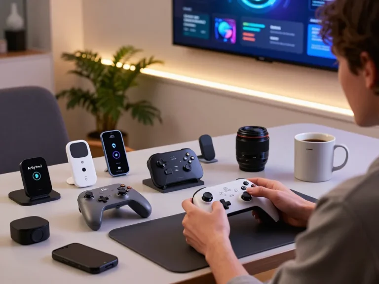 Showcasing the top 10 tech gadgets 2081 in a modern workspace featuring innovative Bluetooth devices and a user interface.