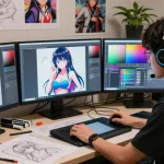 Creating AI ecchi visuals in a vibrant anime digital art studio with colorful designs and art supplies.